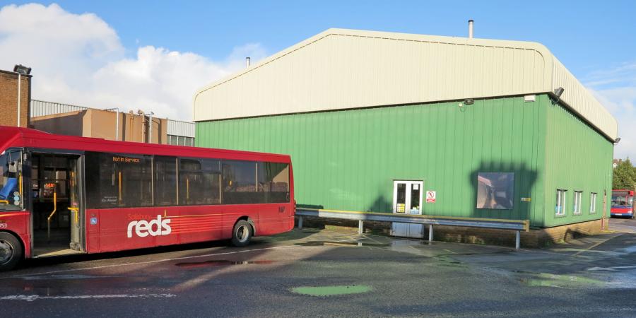 A Salisbury Reds bus at Belle Vue Garage