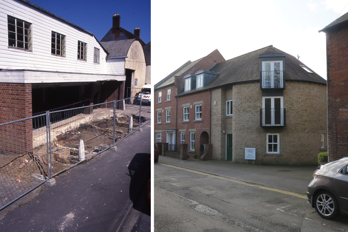The site in Greencroft Street during excavation in 1999 (left) and in 2020 (right)