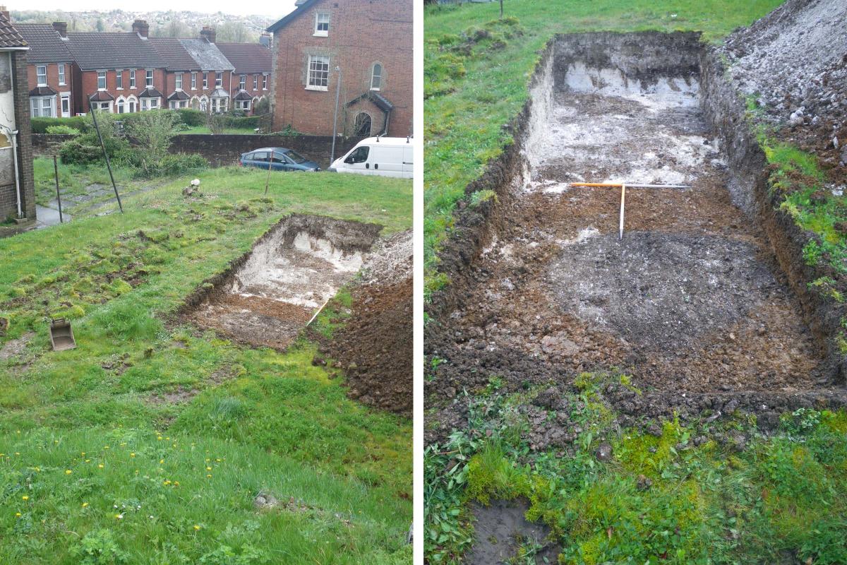 Left: excavations at Devizes Road. Right: Trench 1 which uncovered three pits, including one which is clearly visible in the foreground as a dark grey circle