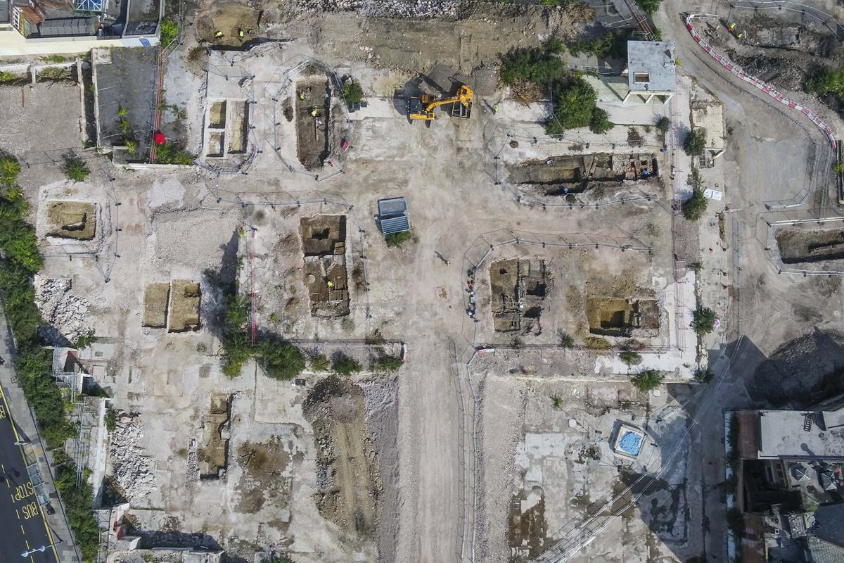 An aerial view of trial excavations at Sheffield Castle in 2018.