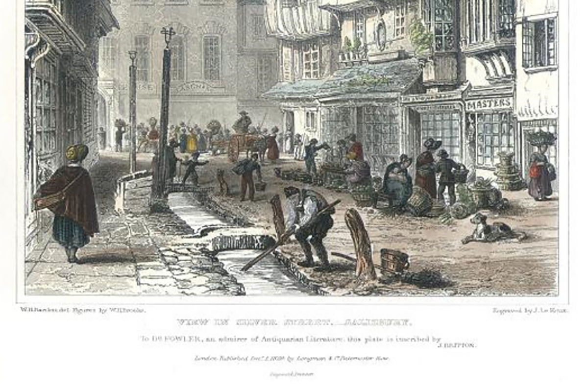 View in Silver Street, Salisbury 1829, engraving by J. LeKeux after W. H. Bartlett and W. H. Brooke (courtesy of antiqueprints.com)