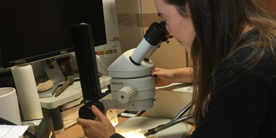 Hayley examining samples through a microscope