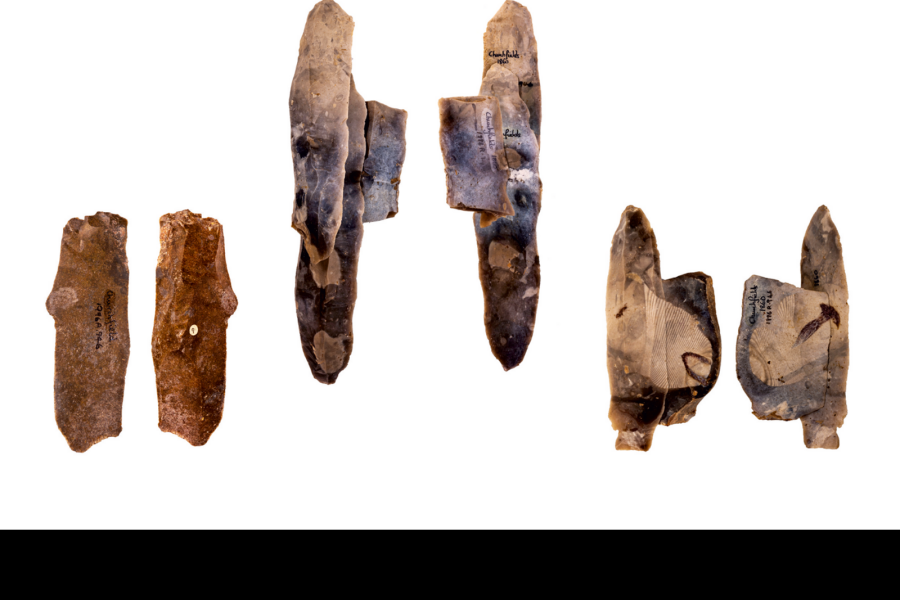 Collection of objects from Churchfields, showing blade of Greensand chert and refitting flint blades