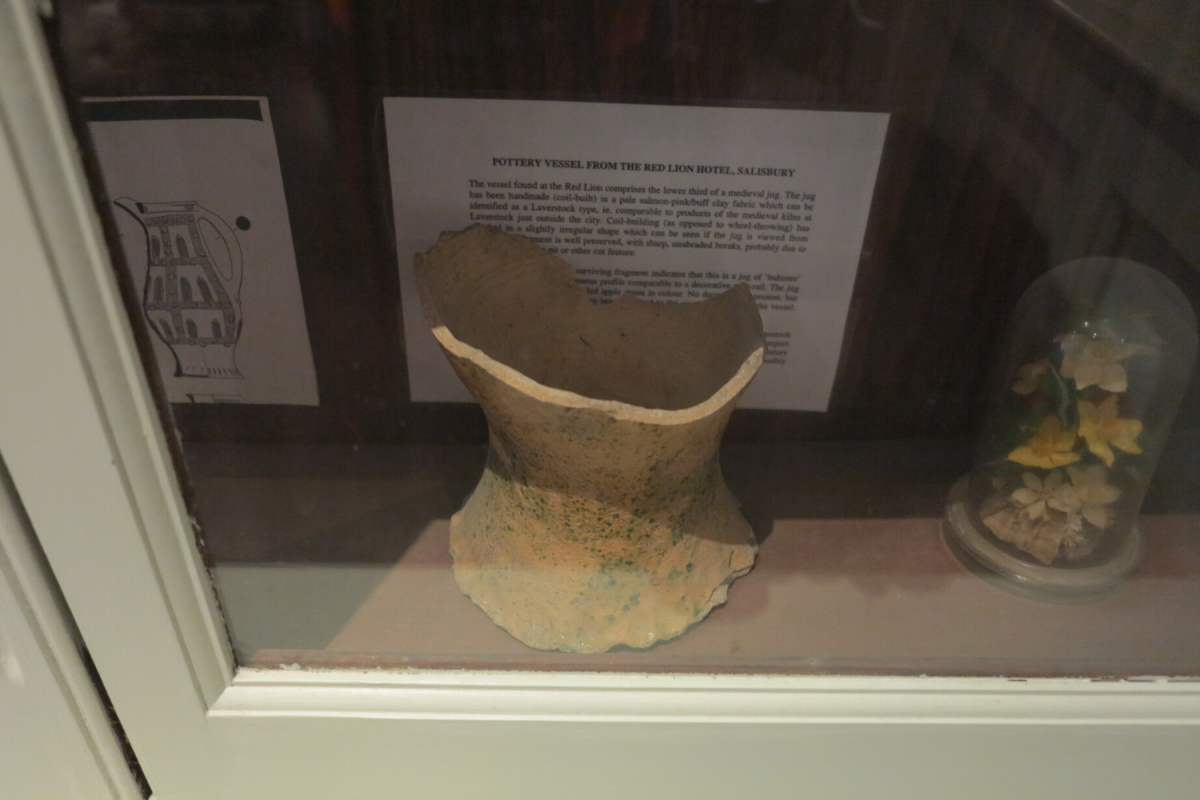The base of a medieval ‘baluster’ jug seen in a display cabinet on site
