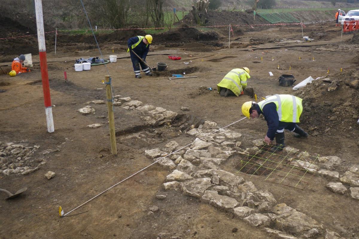 Roman building foundations, under excavation at Beanacre, Melksham