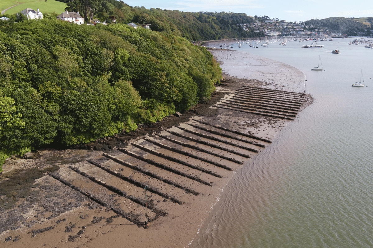 Aerial view of the hauling slips at Noss on Dart