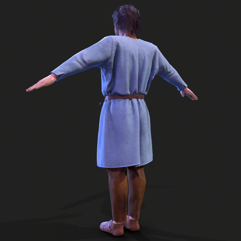 View of back of Anglo-Saxon man in blue tunic - 3D character created by new character artist