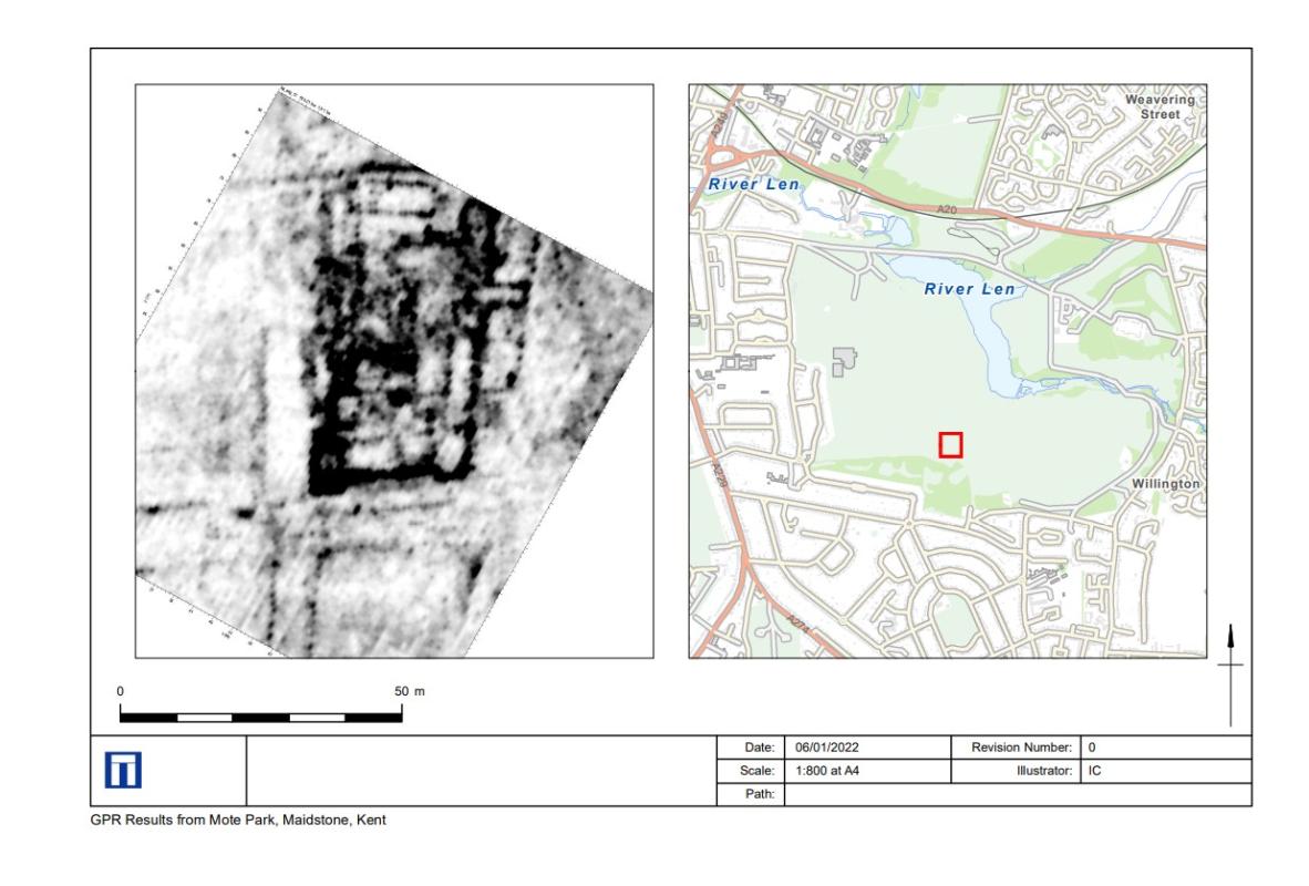 Results of Wessex Archaeology GPR - Ground Penetrating Radar - Survey at Mote Park showing the original mansion plot and formal gardens