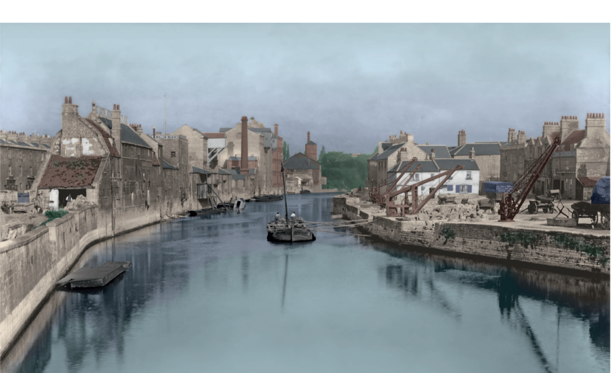 View of the River Avon and Broad Quay from the east, taken by George Love Dafnis in 1892. Colourised by Rob Goller ©B_NES Council