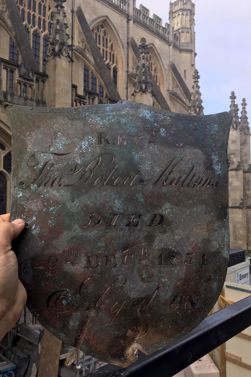 Plaque from the last resting place of Reverend Malthus at Bath Abbey