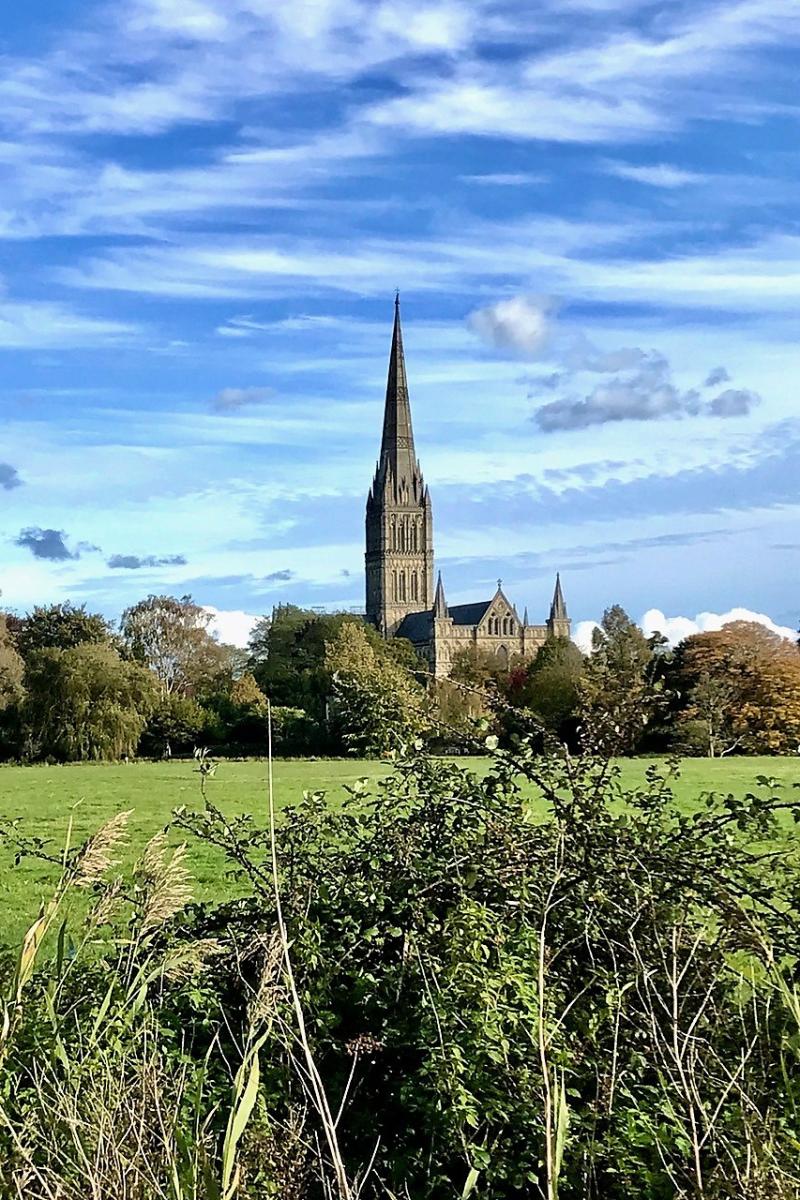 Salisbury Cathedral spire as viewed from the banks of the River Avon