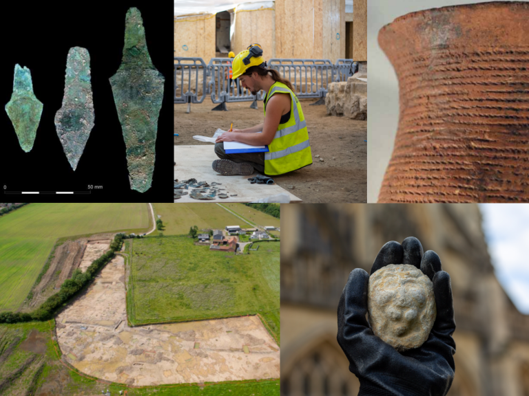 A composite image of five archaeological photographs taken from Wessex Archaeology Open Library.