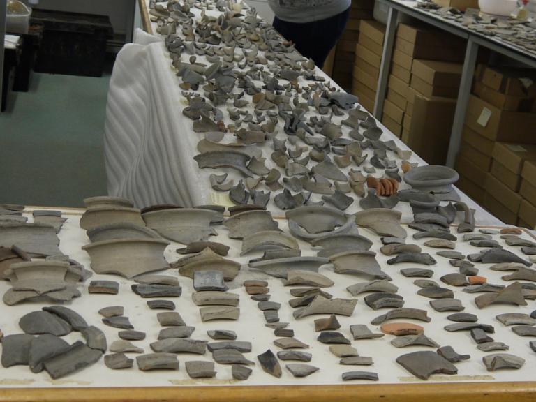A table covered in pottery sherds from the SSSM kiln site