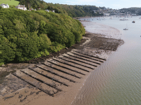 Aerial view of the hauling slips at Noss on Dart