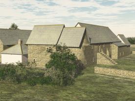 Reconstruction showing a Medieval Manor House from the side with stairs leading up to front door and kitchen and barn behind