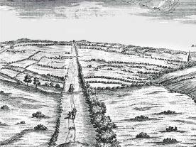 Etching showing an early trackway across the Newark landscape with people on horse and foot