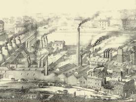 Etching showing how the Riverside Exchange site looked at the height of the industrial period with factories and smoking tall chimneys