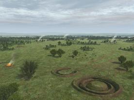 Reconstruction of landscape showing barrows in foreground and funerary pyre
